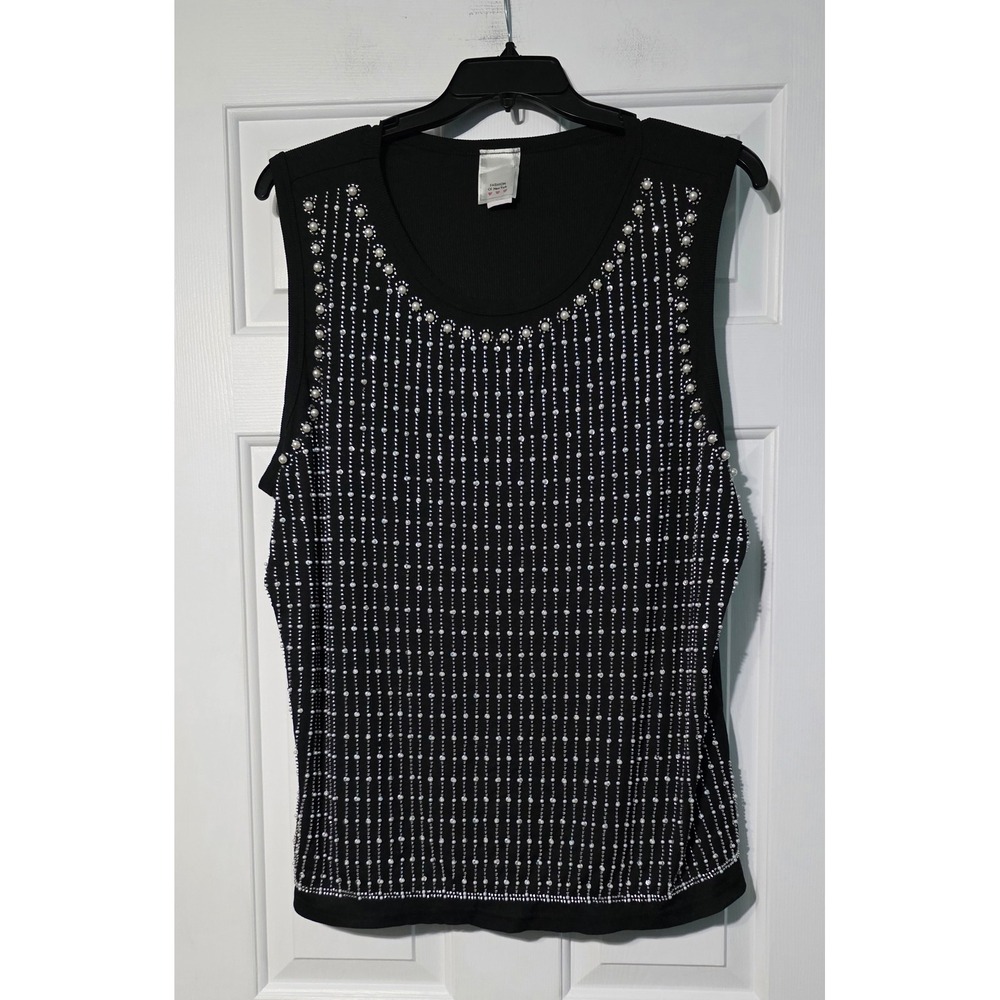 Fashion Of New York Women Black Pearl Studded Ribbed Sleeveless Tank Top 3X